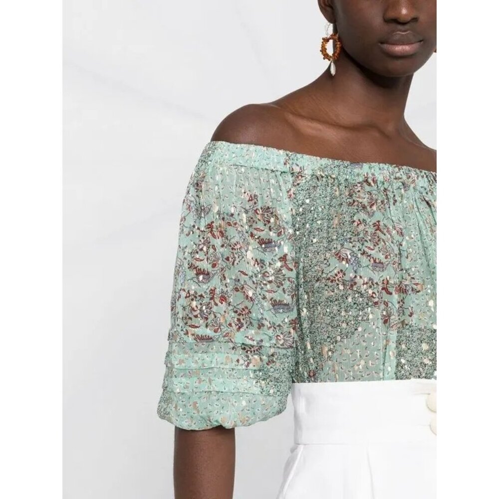 Ba&Sh Olga Off Shoulder Floral Blouse Seafoam Green XS